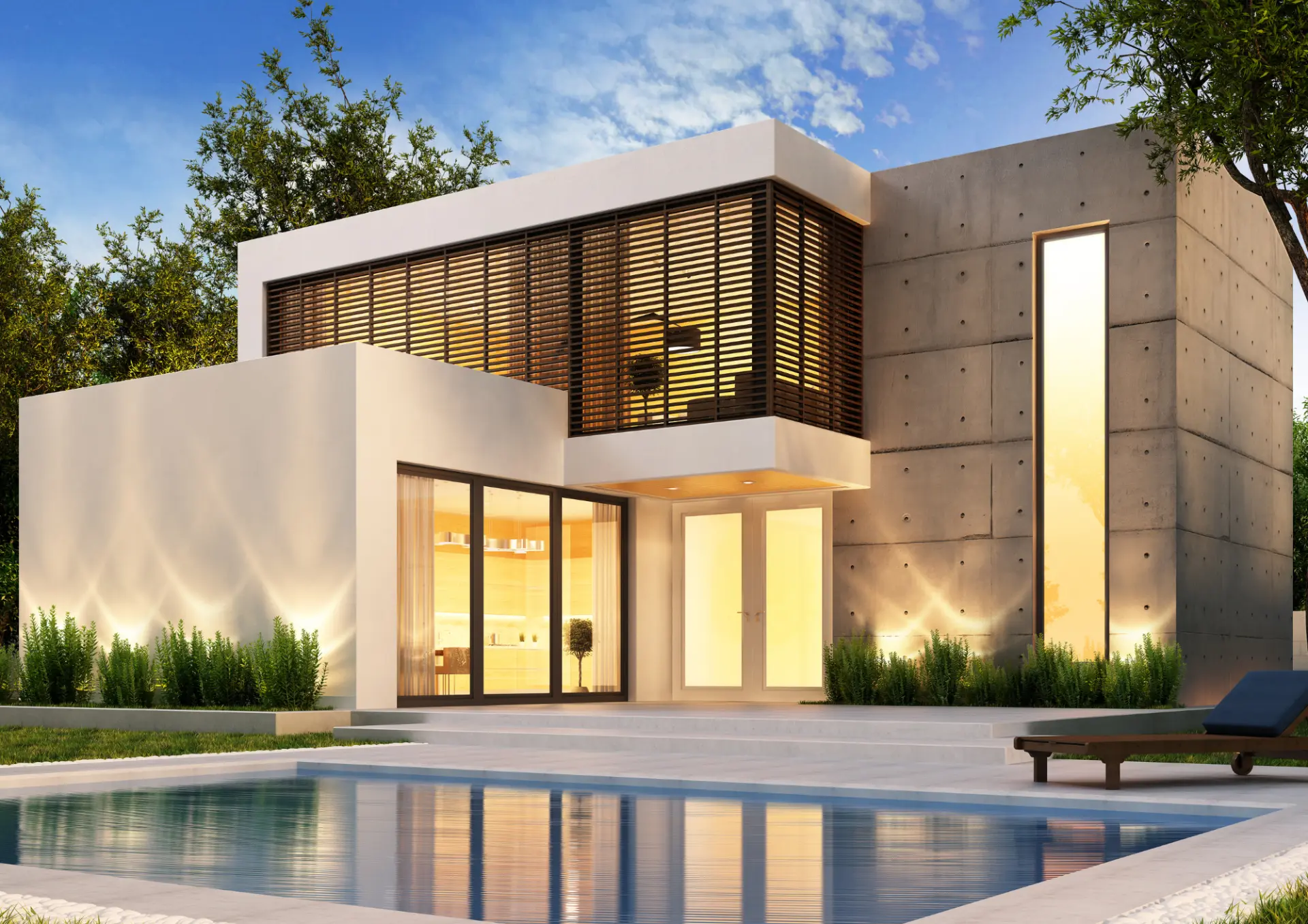 Casa moderna de dos niveles con piscina y jardín